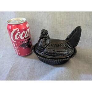 Boyd Glass Black Amethyst Hen on Nest Trinket Dish Beaded Salt Cellar 4.5 In